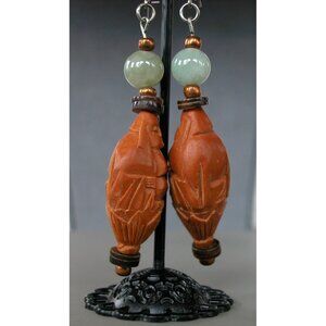 Hand-Carved Olive Pit Face Earrings With Black & Brown Beads Lightweight Dangle